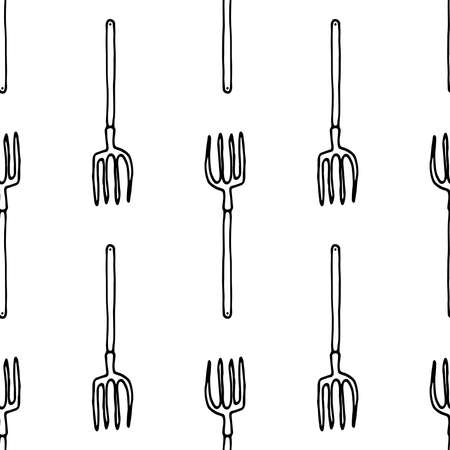 a pattern from the garden pitchfork. seamless pattern of doodle-style garden tool forks isolated black outline often on white for a design templateのイラスト素材