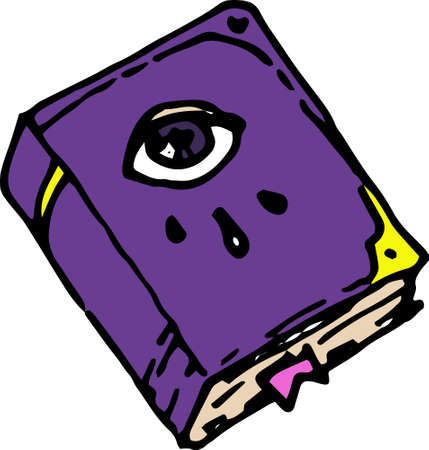 Grimoire is an icon of a purple book with an open eye. an icon of a witch book with spells, with an eye on the cover in purple, hand-drawn in the style of a doodle, isolated on a white Wiccan templateのイラスト素材
