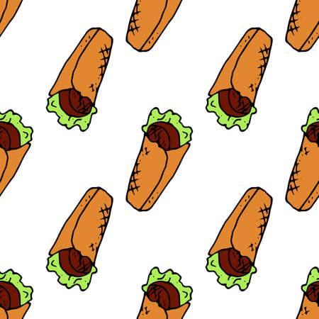 the shawarma pattern of the color icon. seamless shawarma pattern, meat with greens salad in a flatbread, black contour is often located on white for the packaging design template, label menuのイラスト素材
