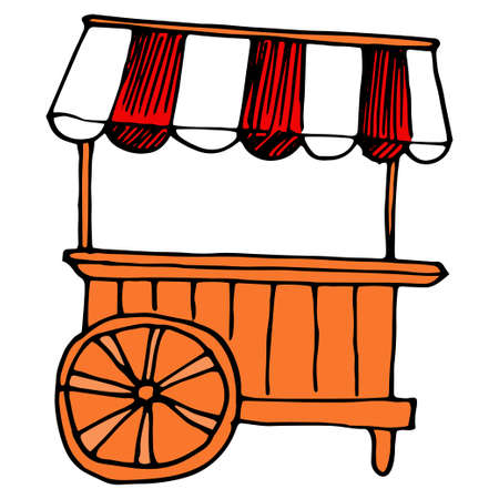vector isolated street mobile trolley with a striped red and white canopy and a wheel. a A The drawing of an orange-colored street kiosk with a striped red-and-white canopy and a wheel. icon of a hand-drawn sketch of a flying store with a side view of a striped awning, on white for a design templateのイラスト素材