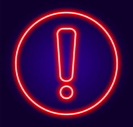 Line art neon red exclamation mark for banner design.Vector neon exclamation mark in red in a circle icon attention. an isolated round frame with an exclamation mark inside, glowing on dark blue attracting attention, ERROR, ATTENTION for a design template. a symbol of attention and careのイラスト素材