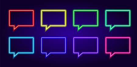 Vector a set of neon speech bubbles of different colors, rectangular shape . isolated empty rectangular frame with space for text inside, different color glows in the dark for an informational advertising design template. Vector design isolated. 3d vector.のイラスト素材