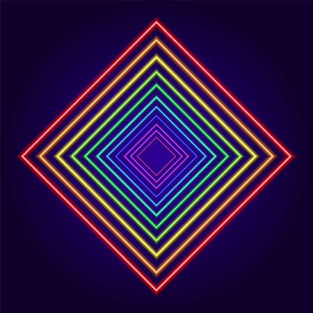 multicolored neon rhombus, a geometric shape made of a multicolored gradient. a pattern of diamonds in the center of bright purple lines glowing in the dark from red to purple on darkのイラスト素材