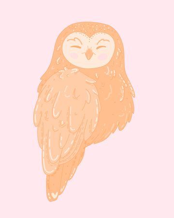 owl cute drawing. owl light brown plumage, sleeps with eyes closed, on a light for a design template for childrens packages, postcards,のイラスト素材