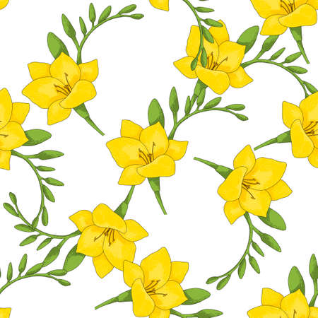 a pattern of yellow freesia. a seamless pattern from an illustration of a curved twig of green with buds and yellow flowers often on white for a spring fabric design templateのイラスト素材