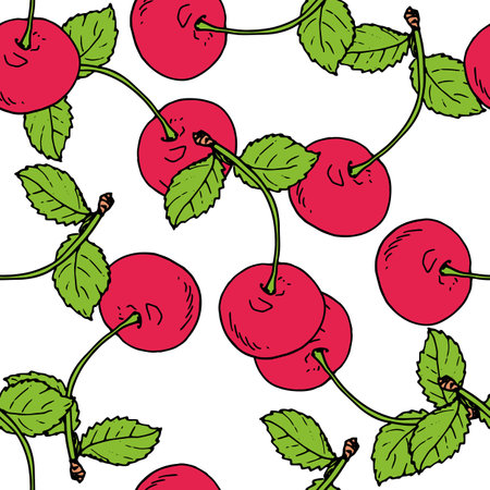 seamless pattern of red cherries with green leaves. Vector pattern of pink round cherry tree berries with leaves, drawn in sketch style, chaotically on white for a natural design templateのイラスト素材