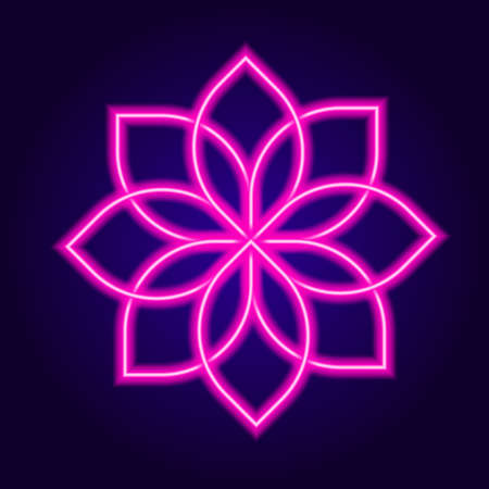 NEON pink round flower mandala. simple isolated floral pattern pink bright lines glow in the dark lotus petals on dark blue, for yoga design pattern top viewのイラスト素材