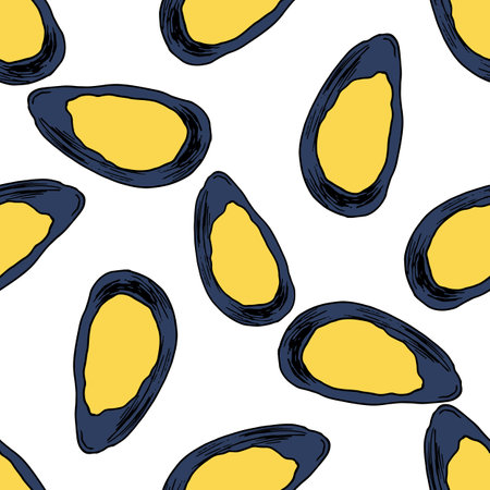 vector a mussel pattern with a gray-blue shell. seamless hand-drawn pattern in the style of a sketch of a yellow mussel on the half of a seafood shell, randomly placed on white for a design template, packaging, menu. Restaurant food. Vector drawing.のイラスト素材