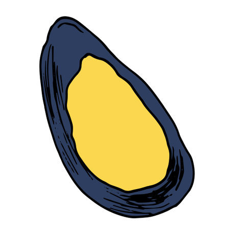 yellow mussels on a half of a gray-blue shell, hand-drawn in the style of a sketch of a yellow mussel on a half of a seafood shell, isolated on white for a design template, packaging, menuのイラスト素材