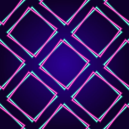 Neon abstract pattern of pink and turquoise lines. Neon abstract pattern of pink and turquoise lines. Seamless pattern of glowing lines intersecting with each other in the shape of a diamond with bright pink and blue lines on a dark blue background for the template dark blueの写真素材