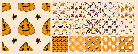 Vector seamless a set of patterns for Halloween. seamless patterns in orange with black and white colors, from bats, pumpkins, gnomes, skulls, witches' feet, stars, candy, broom, ball. Sketch illustration with doodle pattern ghost orange for celebration designのイラスト素材