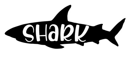 the silhouette of a shark with the word Shark inside. sea shark lettering black silhouette, isolated element for design templateのイラスト素材