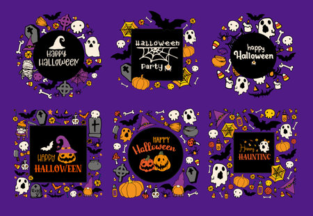 A set of frames for Halloween. Vector collection of templates from ghosts, candies, pumpkins, purple black with a place for text and lettering Merry Halloween borders hand-drawn square and circleのイラスト素材