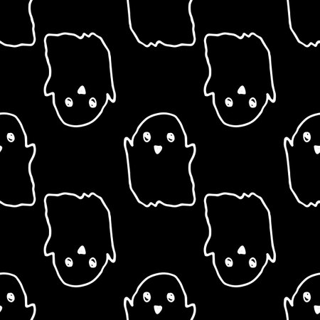 Vector seamless ghost pattern. hand-drawn cartoon flying cute ghost with a doodle-style smile in isolated white with outline on black for Halloween holiday design templateのイラスト素材