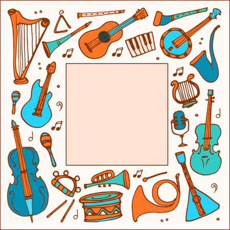 Vector a The template is a square of musical instruments in orange and turquoise colors. square frame with hand-drawn doodles of trumpets, violins, harps, flutes, stringed musical instructions and pipes with an empty space for text on a light for a label and packaging design template Flat style.のイラスト素材