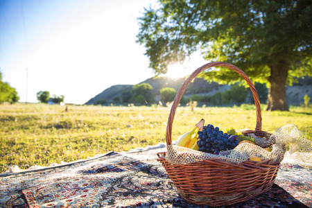 Organic fruit in basket in summer grass. Fresh grapes, bananas and oranges in nature.の写真素材