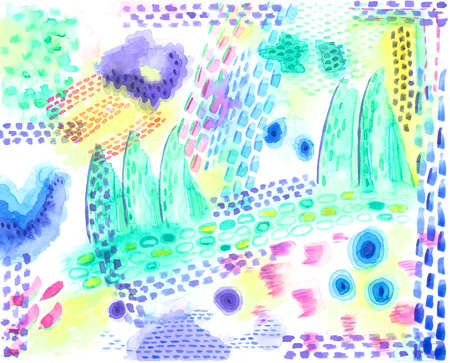 Abstraction watercolor art, green and blue lines and spots, background springの写真素材