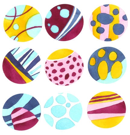 9 mandala circles round set design texture decoration abstract red yellow blue pink light blue navy magenta watercolorの写真素材