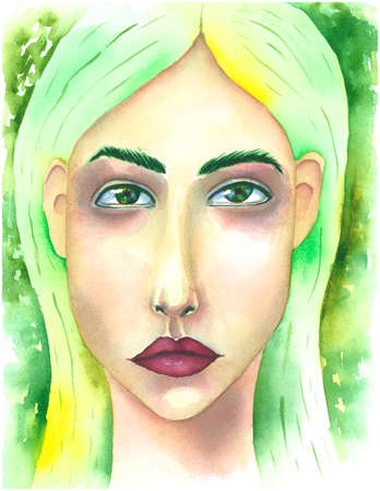 green woman portrait with dark lipsの写真素材
