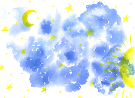 Watercolor illustration blue abstraction with yellow symbols backgroundの写真素材