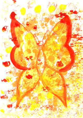 Acrylic painting illustration , beautiful abstract and symbolical butterfly shape with spots and stainsの写真素材