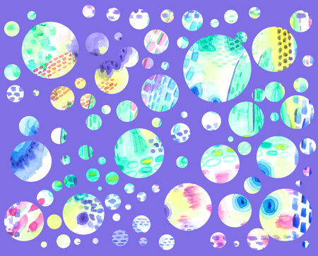 Abstract watercolor circles isolated pattern on purple background.の写真素材