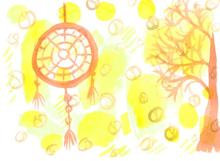 Abstract brush yellow hand drawn watercolor on white background. Orange, brown dreamcatcher and big tree.の写真素材