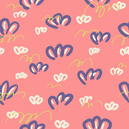Seamless pattern with decorative carved ornament and stylized pink and white flowers on a purple background.の写真素材