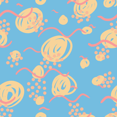 Blue, pink, yellow repeating pattern. Seamless texture. Abstract ornament with flowers and sweet berries.の写真素材