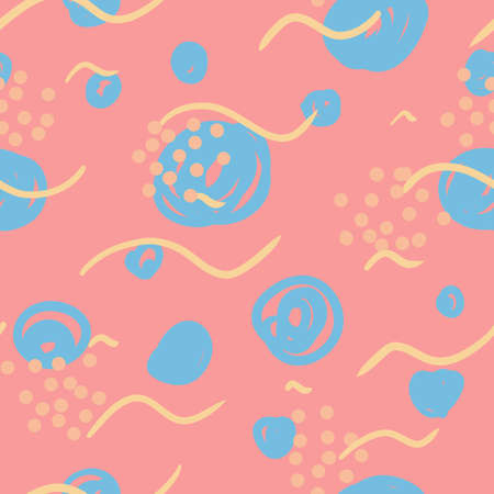 Blue, pink, yellow repeating pattern. Seamless texture. Abstract ornament with flowers and sweet berries.の写真素材