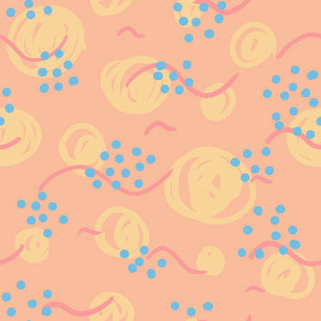 Blue, pink, yellow repeating pattern. Seamless texture. Abstract ornament. Peach in the sky, grapesの写真素材