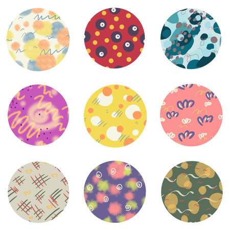 Set of abstract nine round frames isolated on white background. Hand drawn design style.