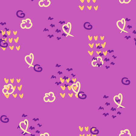 Light purple, pink and yellow abstract template with doodle hearts and flowers.の写真素材