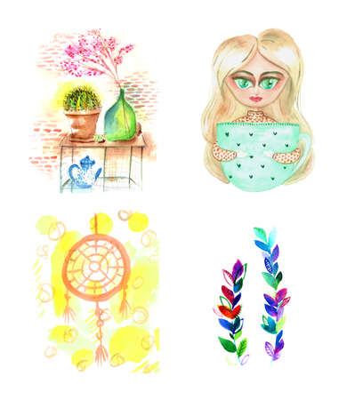 Set of hygge lifestyle cozy watercolor elements hand drawn illustration.の写真素材
