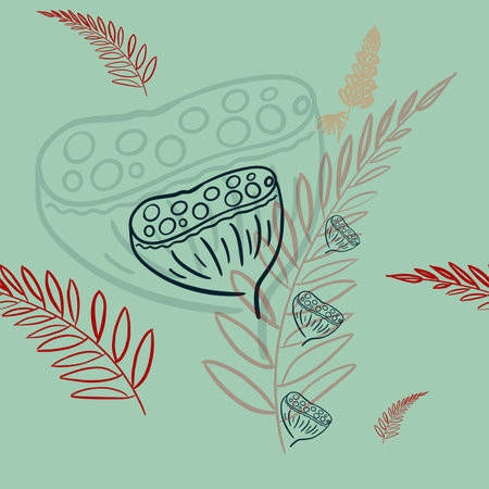 Floral seamless pattern. Simple shapes. Sketch drawing and nature motif.の写真素材