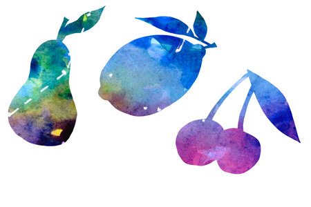 Set watercolor silhouettes fruit and berries on a white backgroundの写真素材