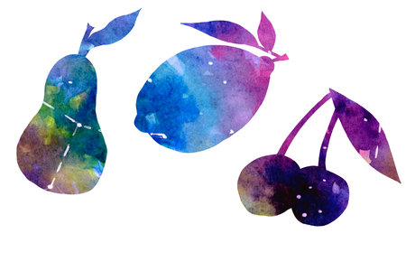 Set watercolor silhouettes fruit and berries on a white backgroundの写真素材