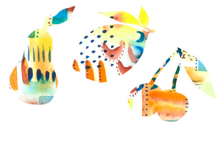 Set watercolor silhouettes fruit and berries on a white backgroundの写真素材