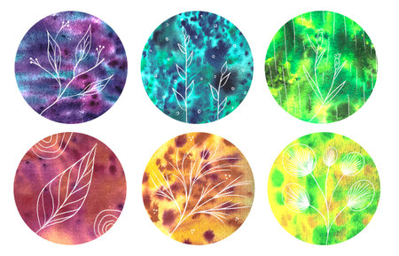 Set of abstract watercolor rainbow colorful circles for highlightsの写真素材