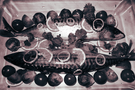 cooking mackerel fishの写真素材