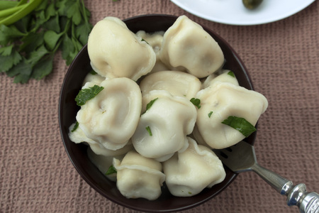 Appetizing dumplings with meat close-up, greens of parsley and pickled cucumbers.の写真素材