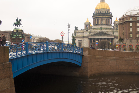 View of the Blue Bridge and St. Isaac's Cathedral, January 4, 2018, St. Petersburg, Russia.のeditorial素材