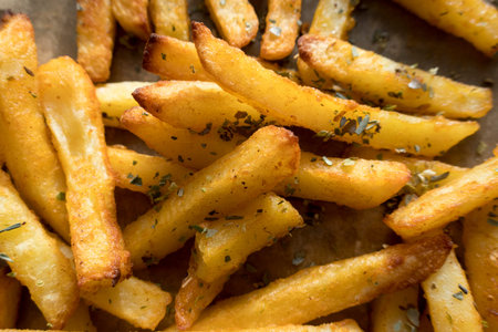 Appetizing fried potatoes located on paper. Close-up.
