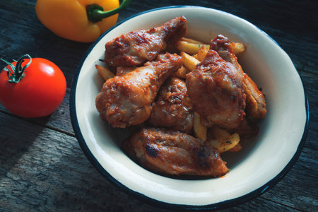 Appetizing chicken pieces and french fries with seasoning in a beautiful old bowl and on an old...