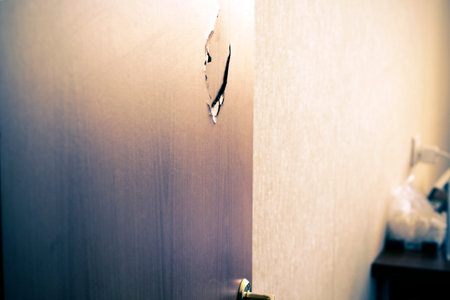 Broken door with golden handle and lock, side viewの写真素材