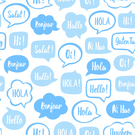 Blue speech bubbles seamless pattern. Vector background of blue bubbles with word hello in different languages.のイラスト素材