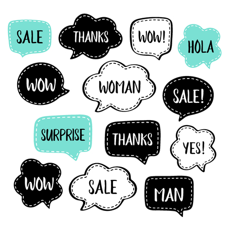 Set of vector black and mint speech bubbles with dashed line and short popular words.のイラスト素材