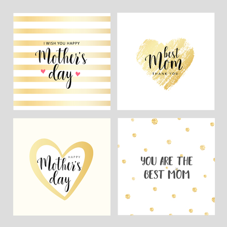 Vector set of square cards for Mother's day. Gold contour heart with little hearts. Vector illustration. Vector card, badge for Mother's day. Love Mom concept. Happy Mother's day.のイラスト素材