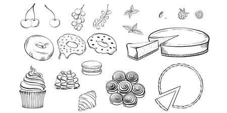 Culinary set of cheesecake, cinnabons, cupcakes. cream, croissant, macaroon, donut with glaze, confectionery decorations, berries, mint leavesのイラスト素材