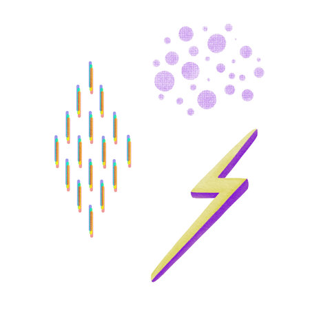 Purple Circles from dots in comic strip style, dashes with rainbow offset, lightning bolt acid color...